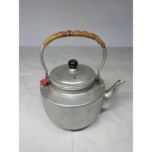 VTG Japanese Aluminum Teapot with Strainer Bakelite Rattan Handle Small